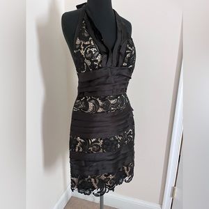 Black lace over nude size 2 Lucy and Co. unique halter cocktail dress